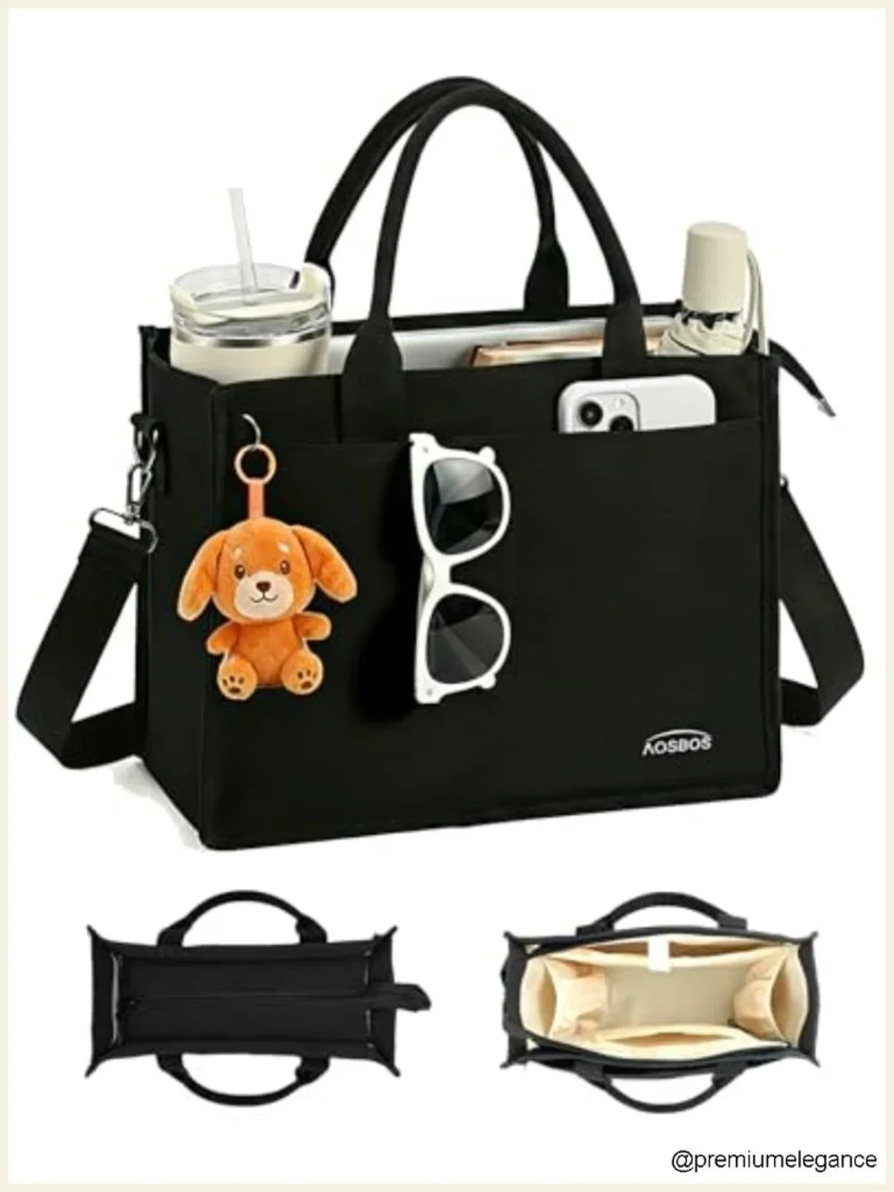 Canvas Tote Bag with Zipper, Large Laptop Compartment, Water Bottle Pocket for